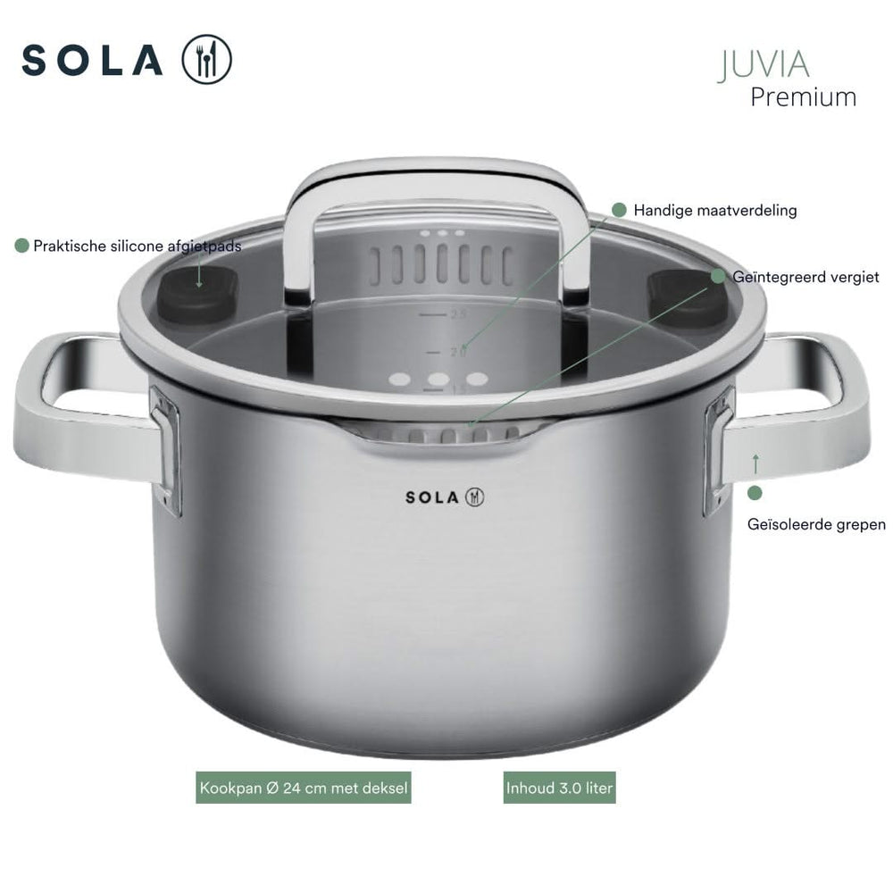 Sola Set de ollas Juvia 5 piezas Acero inoxidable - Compatible con campana extractora - Olla de cocina ø 16, 18, 20, 24 cm y cazo ø 16 cm - apto para todas las fuentes de calor