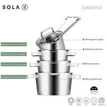 Sola Set de ollas Diamond 4 piezas acero inoxidable - apto para extracción de aire - Olla ø 16, 18, 20 cm y cazo ø 16 cm - apto para todas las fuentes de calor
