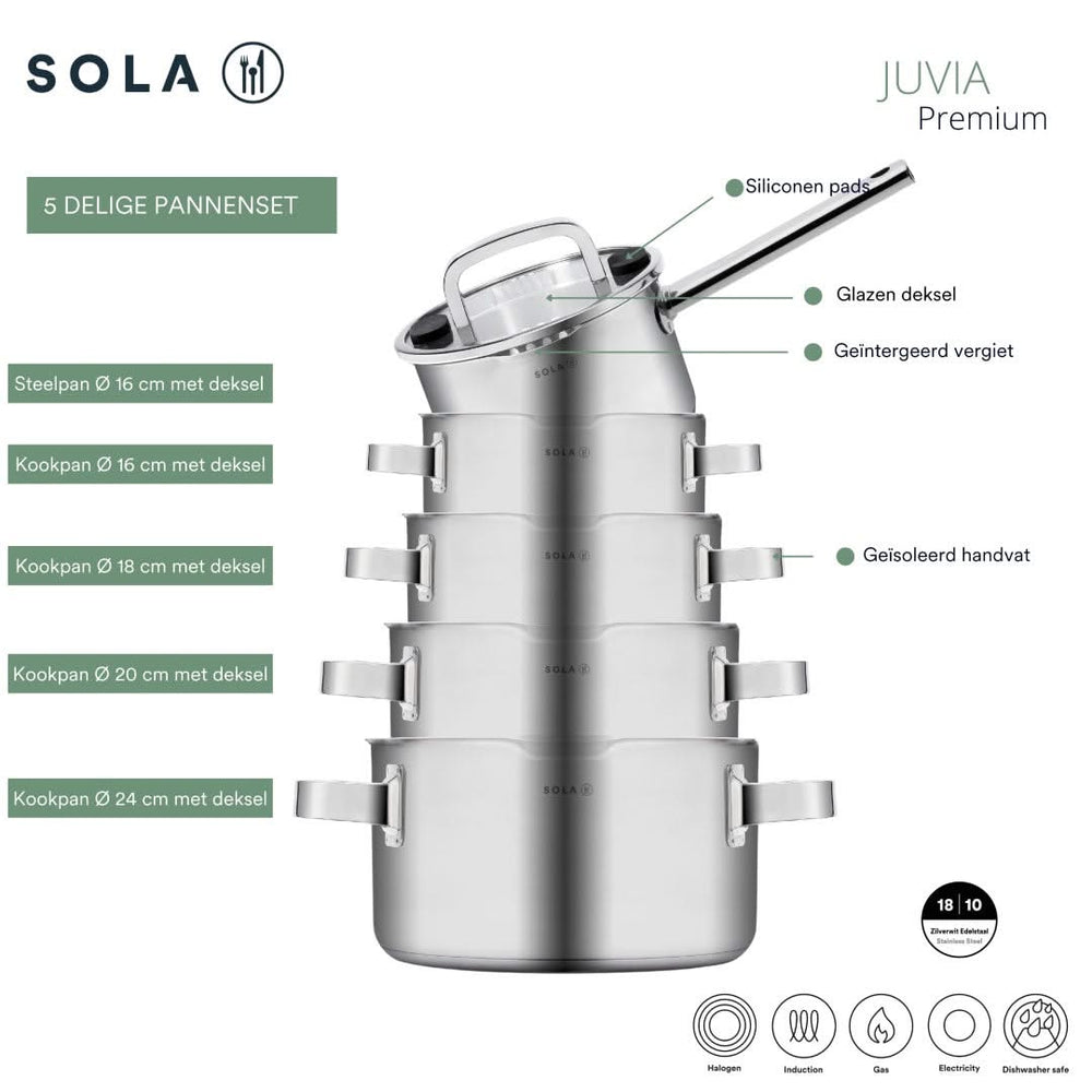 Sola Set de ollas Juvia 5 piezas Acero inoxidable - Compatible con campana extractora - Olla de cocina ø 16, 18, 20, 24 cm y cazo ø 16 cm - apto para todas las fuentes de calor