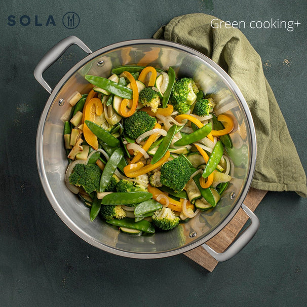 Wok Sola con tapa Green Cooking Triply Acero inoxidable ø 32 cm - apto para todas las fuentes de calor - sin revestimiento antiadherente
