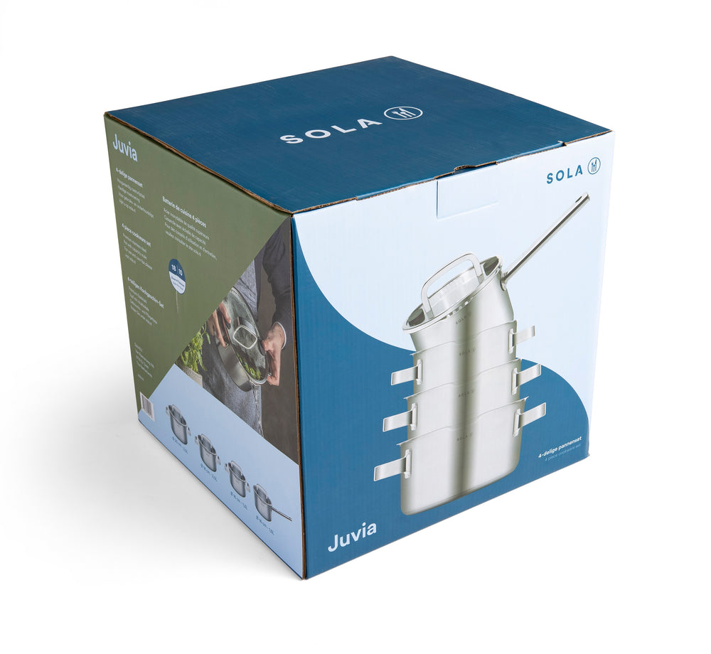 Sola Set de ollas Juvia 4 piezas Acero inoxidable - Compatible con campana extractora - Olla de cocina ø 16, 18, 20 cm y cazo ø 16 cm - apto para todas las fuentes de calor