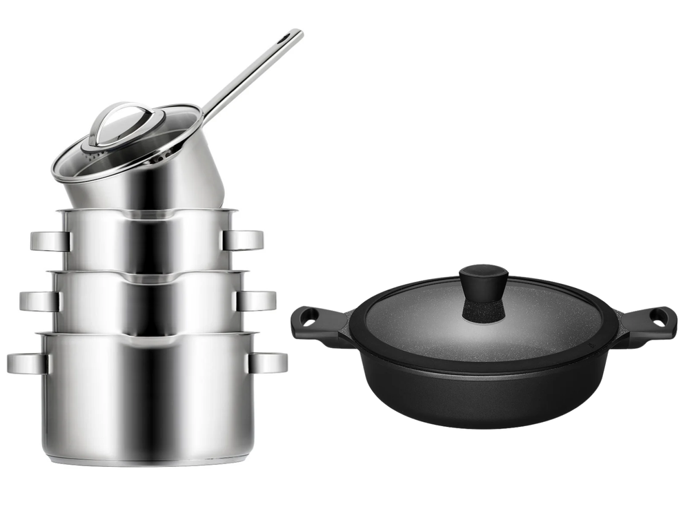 Set de sartenes Sola Pearl 5 piezas de acero inoxidable - compatible con extracción de humos & Sartén para aperitivos Sola Fair ø 28 cm - apto para todas las fuentes de calor