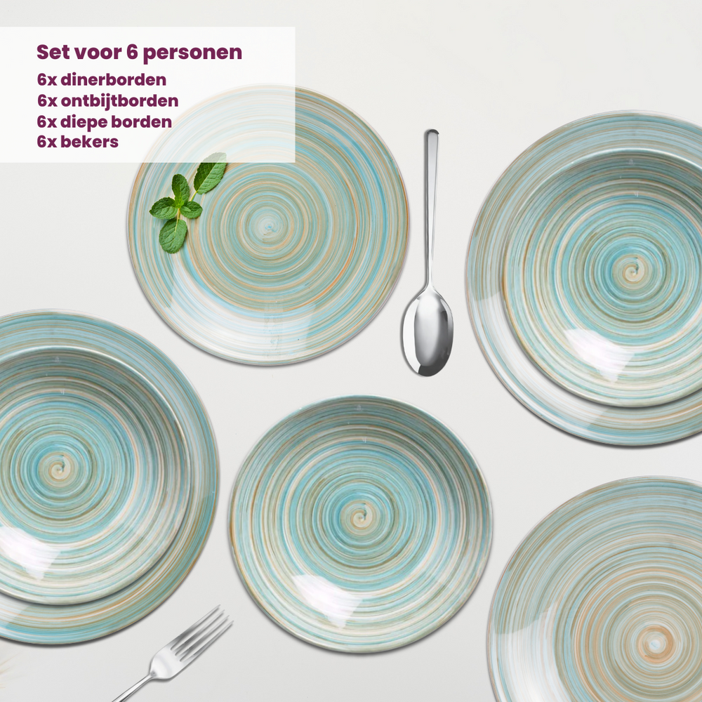 Cosy & Trendy Juego de vajilla Turbolino - Azul 24 piezas / 6 personas - 6 platos llanos, 6 platos hondos, 6 platos para desayuno y 6 tazas