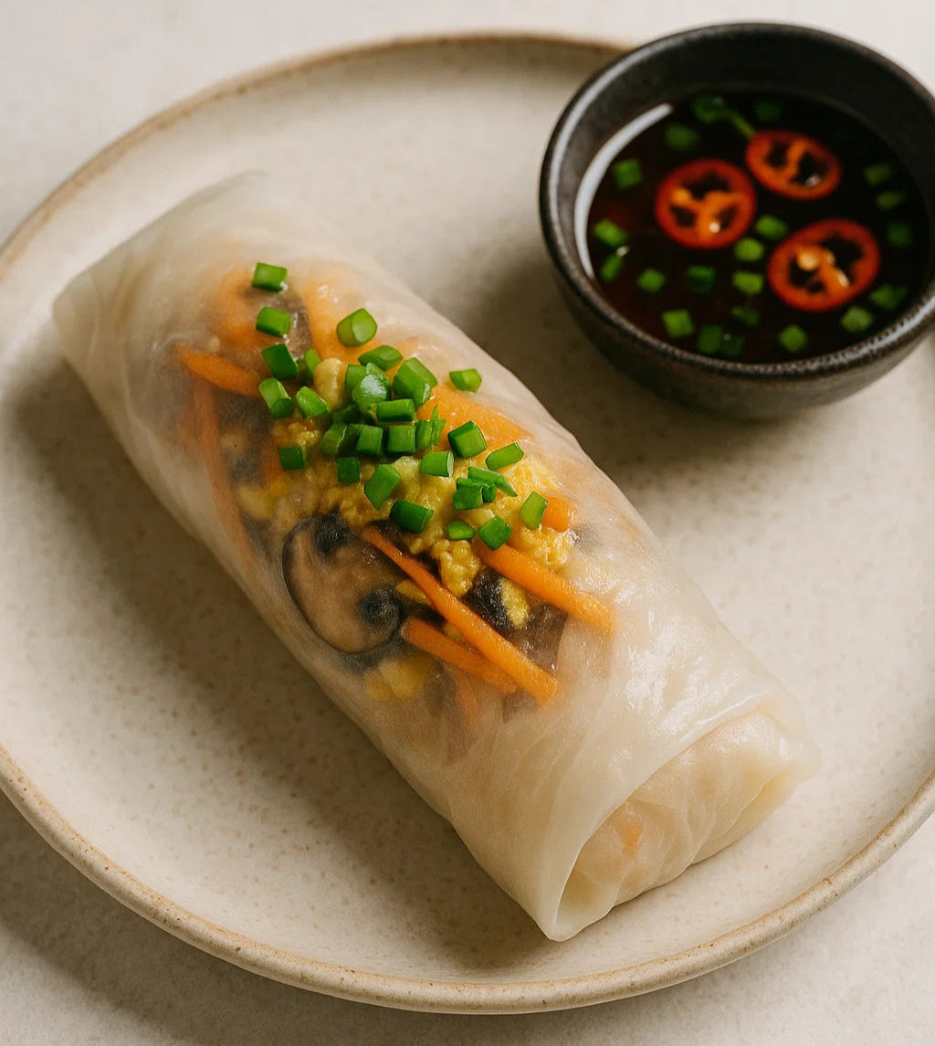 Rollitos vietnamitas frescos y ligeros rellenos de verduras y huevo, servidos con Tamari