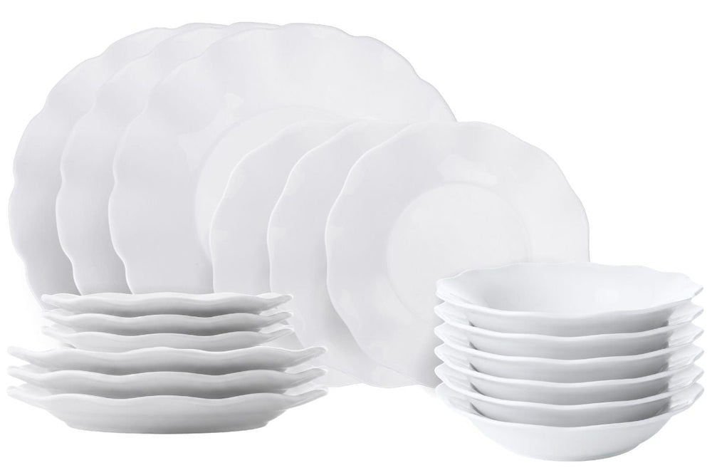 Villa d'Este Home juego de vajilla Scallop blanco vidrio opalino 18 piezas / 6 personas - 6 platos de cena, 6 platos de desayuno y 6 platos hondos