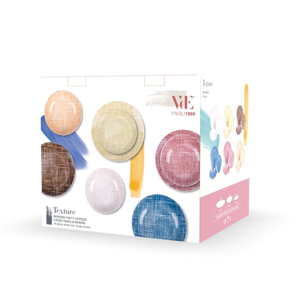 Villa d'Este Home juego de mesa Texture Porcelana 18 piezas / 6 personas - 6 platos de cena, 6 platos de desayuno y 6 platos hondos