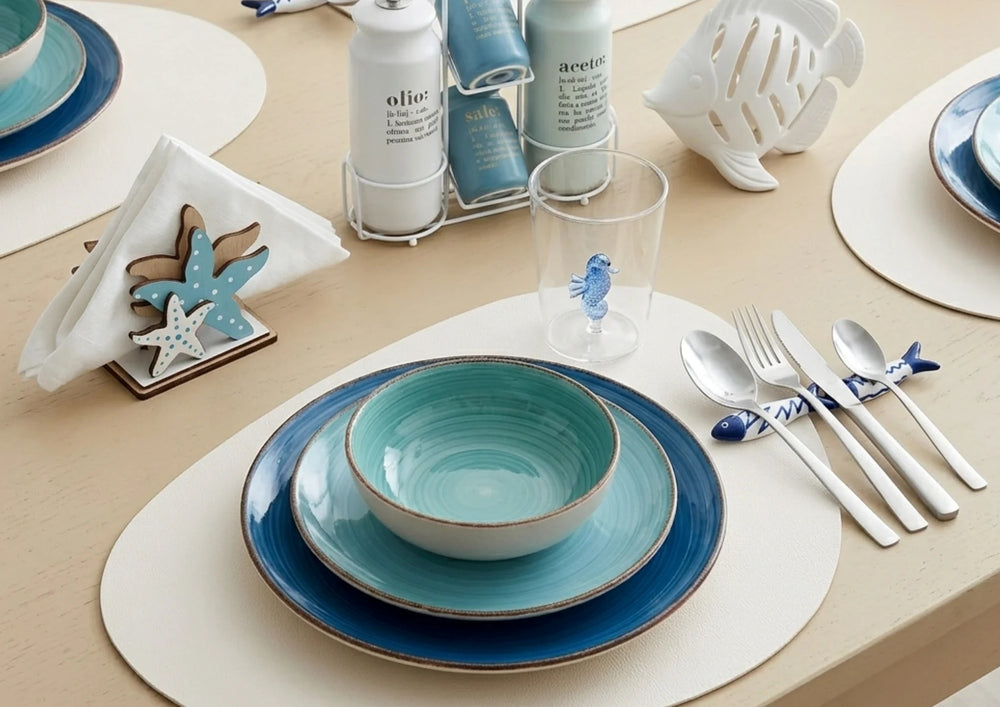 Villa d'Este Home juego de vajilla Baita Acqua Ocean 18 piezas / 6 personas - 6 platos de cena, 6 platos de desayuno y 6 platos hondos