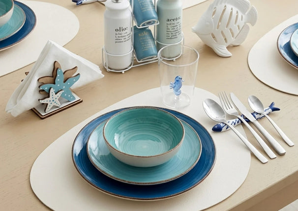Villa d'Este Home juego de vajilla Baita Acqua Ocean 18 piezas / 6 personas - 6 platos de cena, 6 platos de desayuno y 6 platos hondos