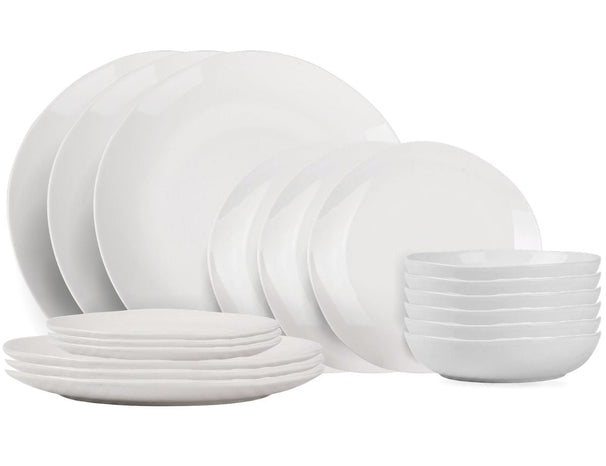 Villa d'Este Home juego de vajilla Wave blanco porcelana 18 piezas / 6 personas - 6 platos de cena, 6 platos de desayuno y 6 platos hondos