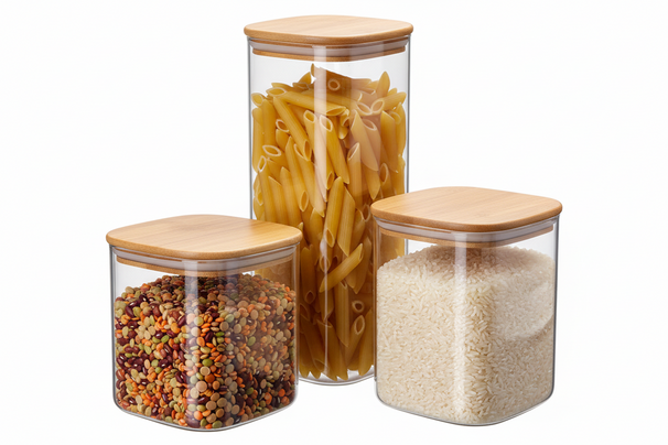 Cookinglife Set de Tarros de Almacenamiento - Vidrio con Tapa de Bambú - Guardar Ingredientes Secos - 3 piezas