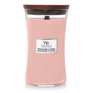 WoodWick Vela aromática Grande Pressed Blooms & Patchouli - 18 cm / ø 10 cm - Vela aromática en vaso - Mecha de madera