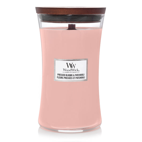 WoodWick Vela aromática Grande Pressed Blooms & Patchouli - 18 cm / ø 10 cm - Vela aromática en vaso - Mecha de madera