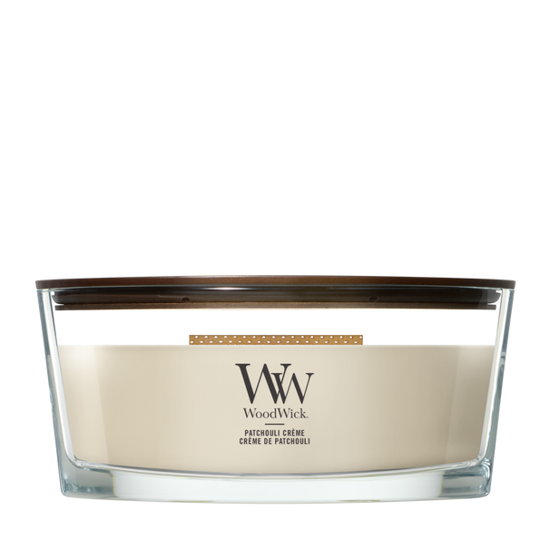 WoodWick Vela Aromática Ellipse Patchouli Crème - 9 cm / 19 cm - Vela Aromática en Vidrio - Mecha de Madera