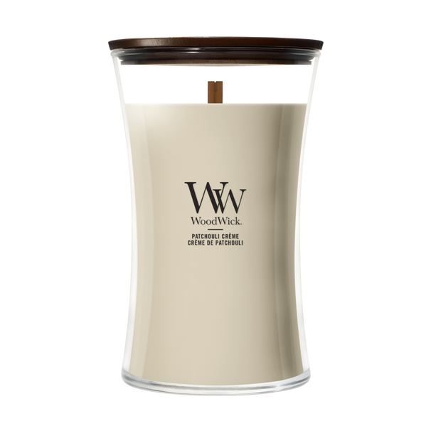 WoodWick Vela Aromática Grande Patchouli Crème - 18 cm / ø 10 cm - Vela Aromática en Vidrio - Mecha de Madera