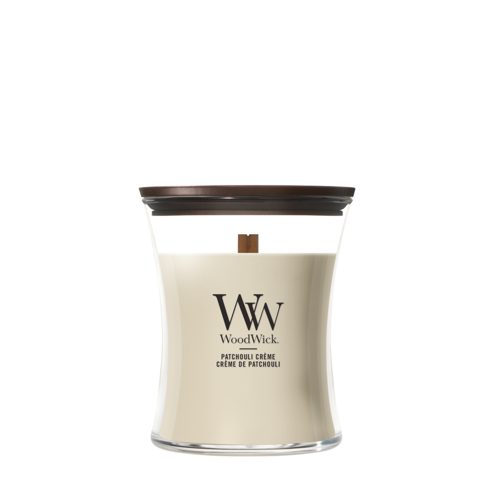 WoodWick Vela Aromática Mediana Patchouli Crème - 11 cm / ø 10 cm - Vela Aromática en Vidrio - Pabilo de Madera
