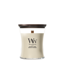 WoodWick Vela Aromática Mediana Patchouli Crème - 11 cm / ø 10 cm - Vela Aromática en Vidrio - Pabilo de Madera