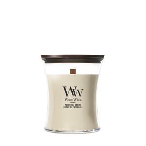 WoodWick Vela Aromática Mediana Patchouli Crème - 11 cm / ø 10 cm - Vela Aromática en Vidrio - Pabilo de Madera