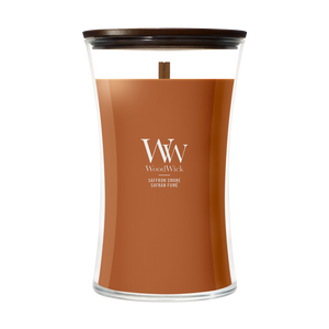 WoodWick Vela Aromática Grande Saffron Smoke - 18 cm / ø 10 cm - Vela Aromática en Vidrio - Pabilo de Madera