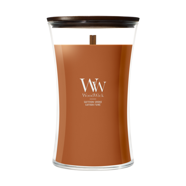 WoodWick Vela Aromática Grande Saffron Smoke - 18 cm / ø 10 cm - Vela Aromática en Vidrio - Pabilo de Madera