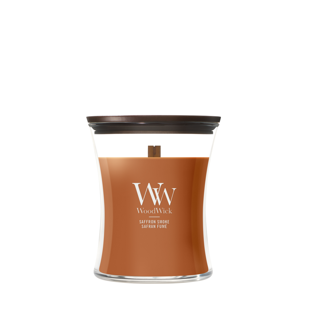 WoodWick Vela Aromática Mediana Saffron Smoke - 11 cm / ø 10 cm - Vela Aromática en Vidrio - Mecha de Madera