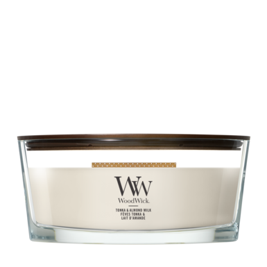 WoodWick Vela Aromática Ellipse Tonka & Almond Milk - 9 cm / 19 cm - Vela Aromática en Vidrio - Mecha de Madera