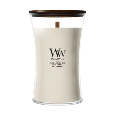 WoodWick Vela Aromática Grande Tonka & Leche de Almendra - 18 cm / ø 10 cm - Vela Aromática en Vidrio - Mecha de Madera