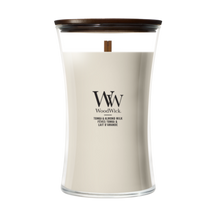 WoodWick Vela Aromática Grande Tonka & Leche de Almendra - 18 cm / ø 10 cm - Vela Aromática en Vidrio - Mecha de Madera
