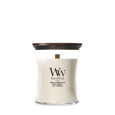 WoodWick Vela Aromática Mediana Tonka & Leche de Almendra - 11 cm / ø 10 cm - Vela Aromática en Vidrio - Mecha de Madera