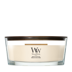 WoodWick Vela Aromática Ellipse Vainilla & Sal Marina - 9 cm / 19 cm - Vela Aromática en Vidrio - Mecha de Madera