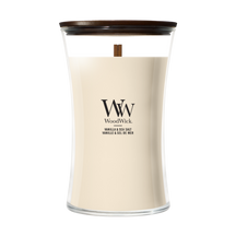 WoodWick Vela Aromática Grande Vainilla & Sal Marina - 18 cm / ø 10 cm - Vela Aromática en Vidrio - Mecha de Madera