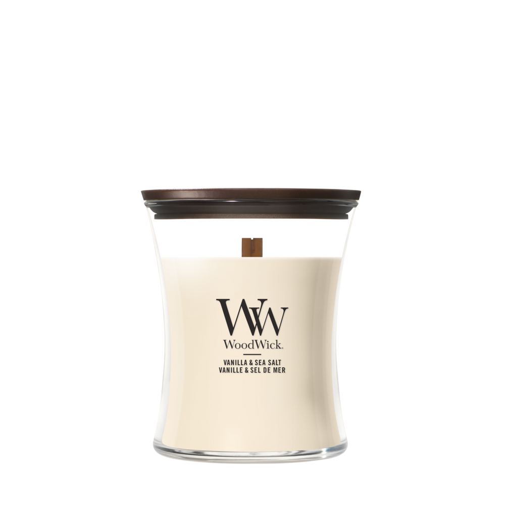 WoodWick Vela Aromática Mediana Vainilla & Sal Marina - 11 cm / ø 10 cm - Vela Aromática en Vidrio - Mecha de Madera