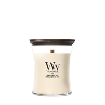 WoodWick Vela Aromática Mediana Vainilla & Sal Marina - 11 cm / ø 10 cm - Vela Aromática en Vidrio - Mecha de Madera