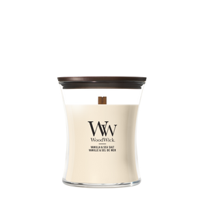 WoodWick Vela Aromática Mediana Vainilla & Sal Marina - 11 cm / ø 10 cm - Vela Aromática en Vidrio - Mecha de Madera