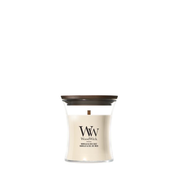 WoodWick Mini Vela Aromática Vainilla & Sal Marina - 8 cm / ø 7 cm - Vela Aromática en Vidrio - Mecha de Madera