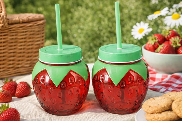 Cookinglife Vasos de Agua Fresa 2 piezas - Vasos para Cócteles con Pajillas
