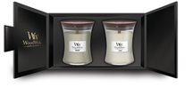 Set de regalo WoodWick Vela aromática mediana Fireside & Linen - 2 unidades - Vela en vaso - Mecha de madera