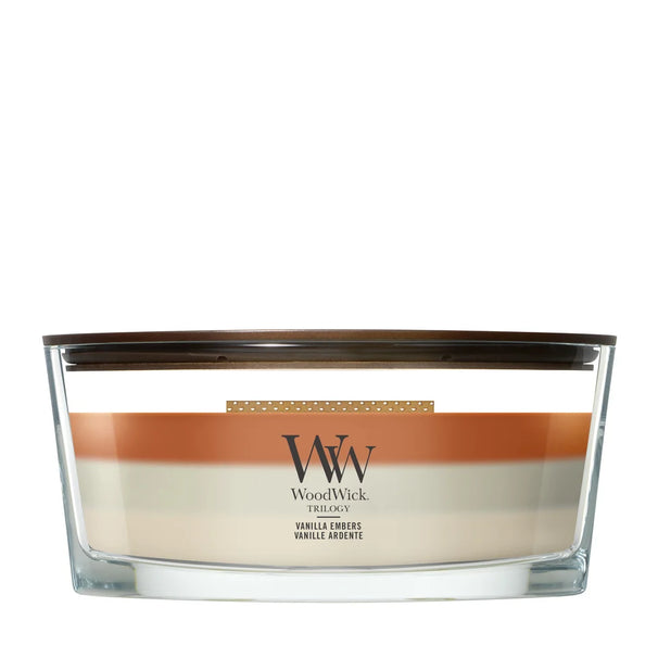 WoodWick Vela Aromática Ellipse Trilogy Vanilla Embers - 9 cm / 19 cm - Vela Aromática en Vidrio - Pabilo de Madera