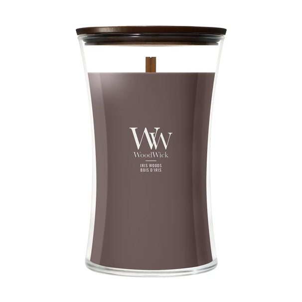 WoodWick Vela Aromática Grande Iris Woods - 18 cm / ø 10 cm - Vela Aromática en Vidrio - Mecha de Madera