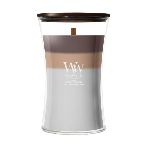 WoodWick Vela Aromática Grande Trilogy Radiant Cashmere - 18 cm / ø 10 cm - Vela Aromática en Vidrio - Mecha de Madera