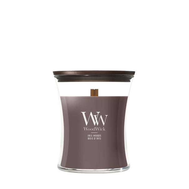 WoodWick Vela Aromática Mediana Iris Woods - 11 cm / ø 10 cm - Vela Aromática en Vidrio - Mecha de Madera