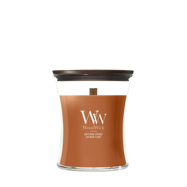 WoodWick Vela Aromática Mediana Saffron Smoke - 11 cm / ø 10 cm - Vela Aromática en Vidrio - Mecha de Madera