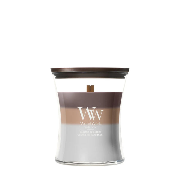 WoodWick Vela Aromática Mediana Trilogy Radiant Cashmere - 11 cm / ø 10 cm - Vela Aromática en Vidrio - Mecha de Madera