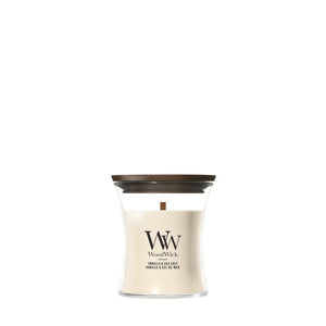 WoodWick Mini Vela Aromática Vainilla & Sal Marina - 8 cm / ø 7 cm - Vela Aromática en Vidrio - Mecha de Madera