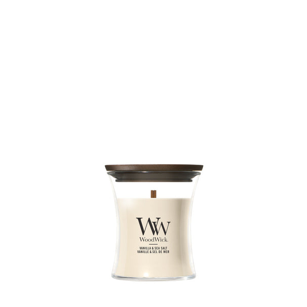 WoodWick Mini Vela Aromática Vainilla & Sal Marina - 8 cm / ø 7 cm - Vela Aromática en Vidrio - Mecha de Madera