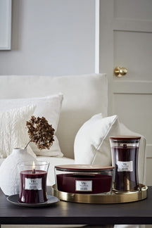 WoodWick Vela aromática Elipse Black Cherry - 9 cm / 19 cm - Vela en vaso - Mecha de madera