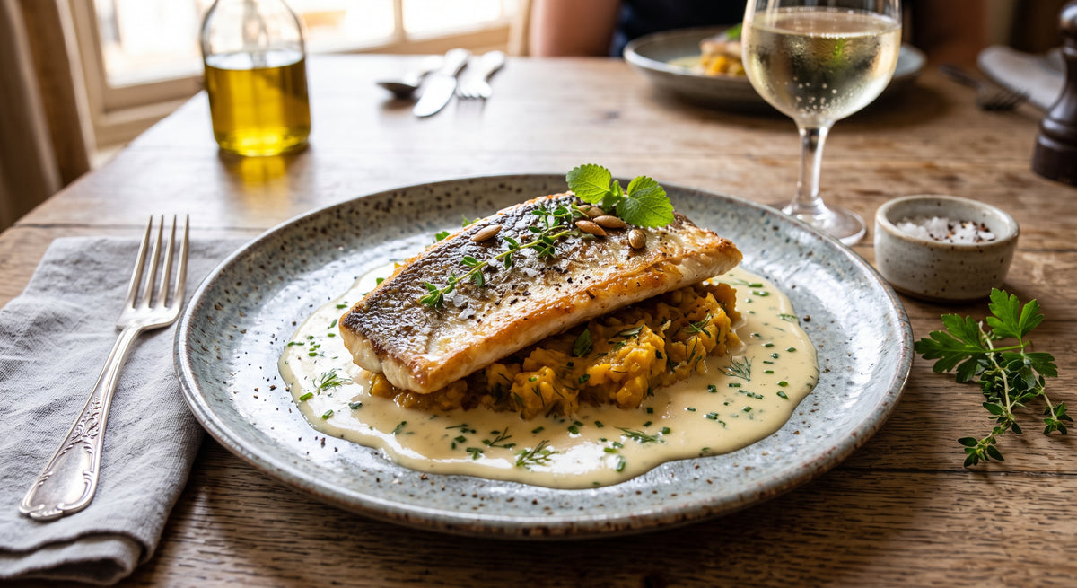 Pescado elegante con una salsa aterciopelada y calabaza dulce