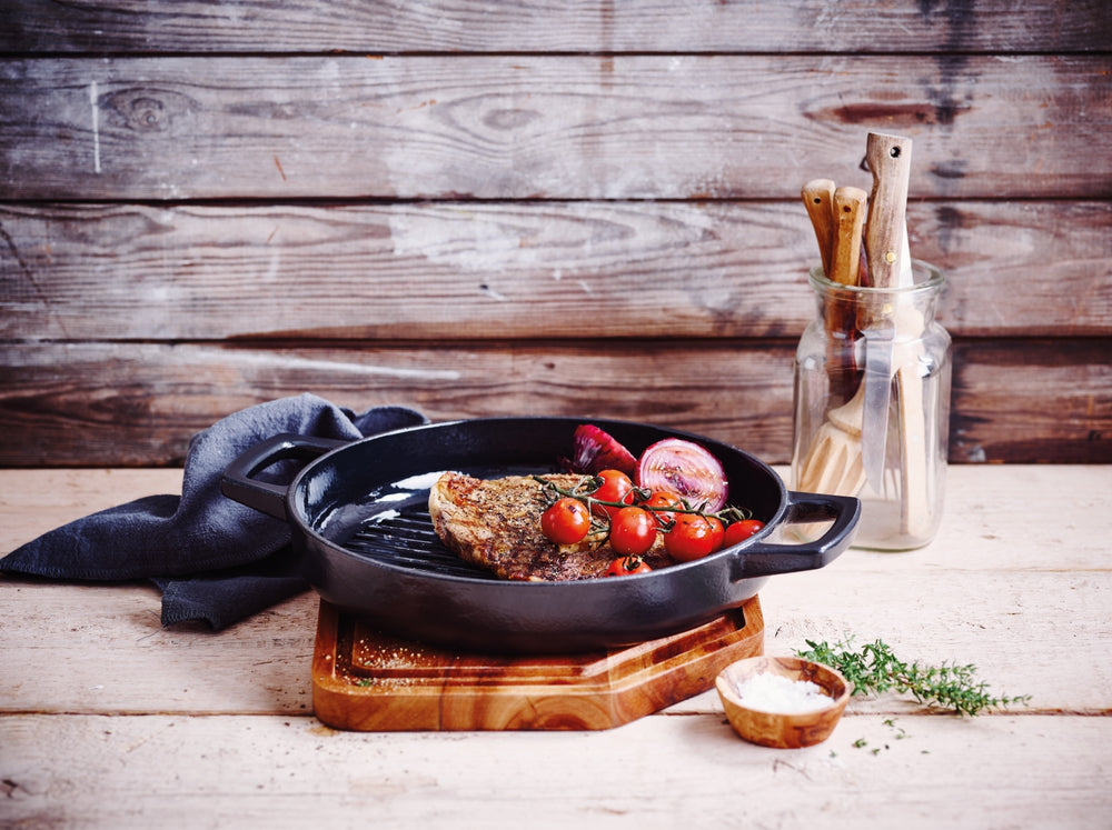 Sartén parrilla / plancha Alva Nori ø 28 cm + asas de cuero gratis - apta para todas las fuentes de calor - capa antiadherente esmaltada