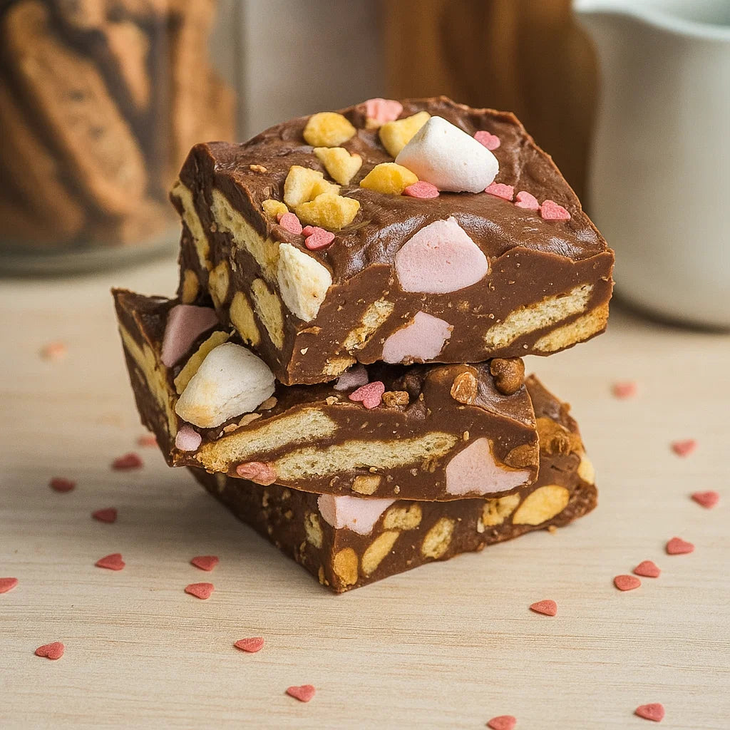 ¡Un delicioso fudge con galletas, frutos secos y nubes de azúcar!