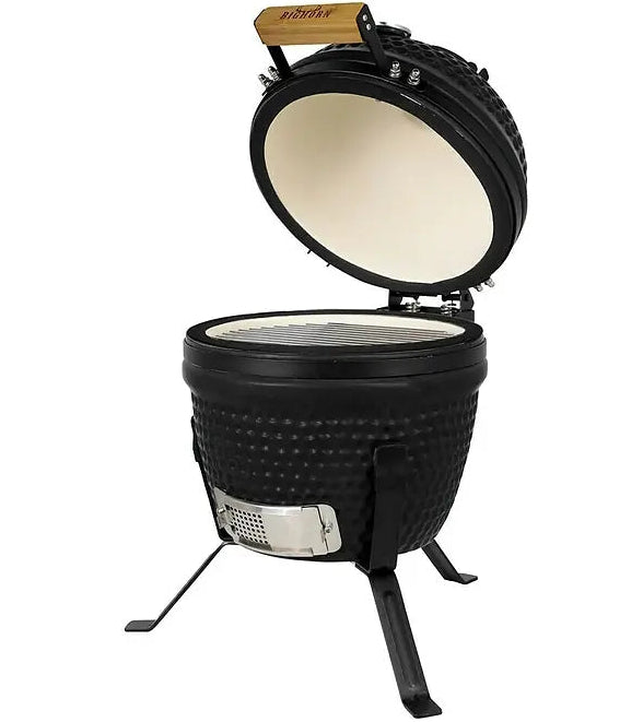 Bighorn Barbacoa Kamado Cerámica Mate Negro - 13 pulgadas - Barbacoa de carbón - Incluye piedra para pizza - 27 cm