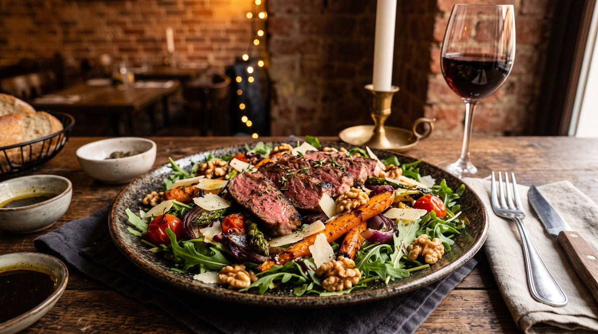 Een rijke, lauwwarme maaltijdsalade met een heerlijk geblakerd randje.
